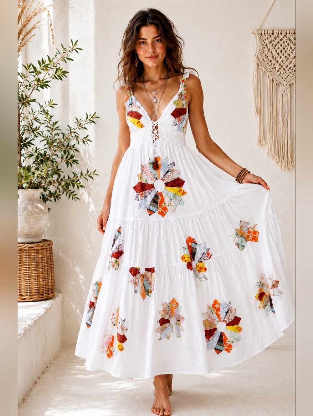 Urban Outfitters White With Multi Color Patchwork Maxi Dress | Size SP